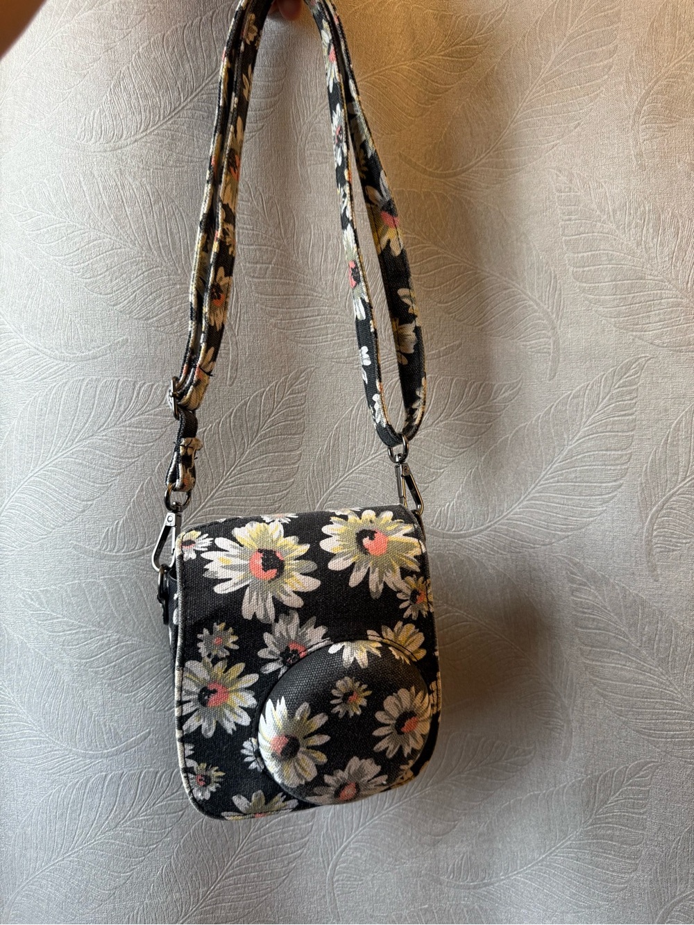 Floral Daisy Crossbody Instax mini 9 CameraBag - Black with Pink & Cream Accents